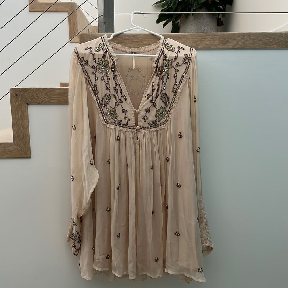 Beaded boho dress long sleeve, light pink by Free People size M, length - midi